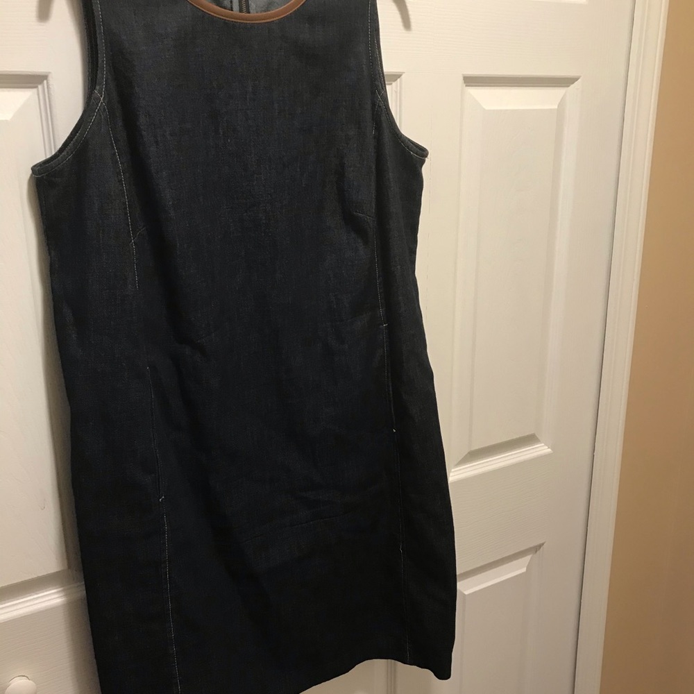 Denim Brown Collar Leatherette Trimmed Dress